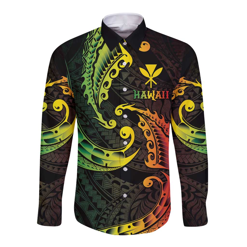 AAPI Heritage Month Long Sleeve Button Shirt Kanaka Maoli Polynesian Tribal Wave