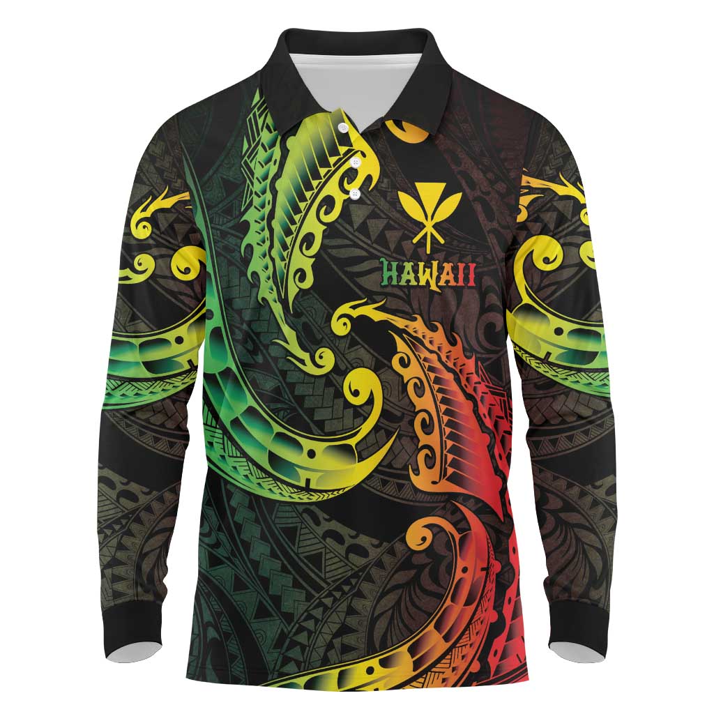 AAPI Heritage Month Long Sleeve Polo Shirt Kanaka Maoli Polynesian Tribal Wave