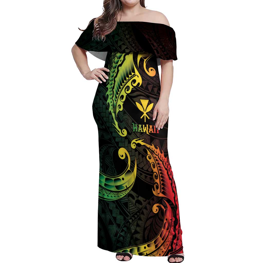 AAPI Heritage Month Off Shoulder Maxi Dress Kanaka Maoli Polynesian Tribal Wave