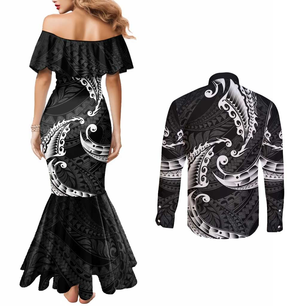 AAPI Heritage Month Couples Matching Mermaid Dress and Long Sleeve Button Shirt American Samoa Polynesian Tribal Wave