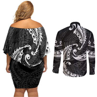AAPI Heritage Month Couples Matching Off Shoulder Short Dress and Long Sleeve Button Shirt American Samoa Polynesian Tribal Wave