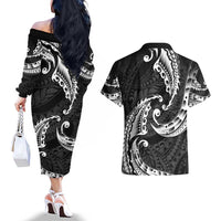 AAPI Heritage Month Couples Matching Off The Shoulder Long Sleeve Dress and Hawaiian Shirt American Samoa Polynesian Tribal Wave
