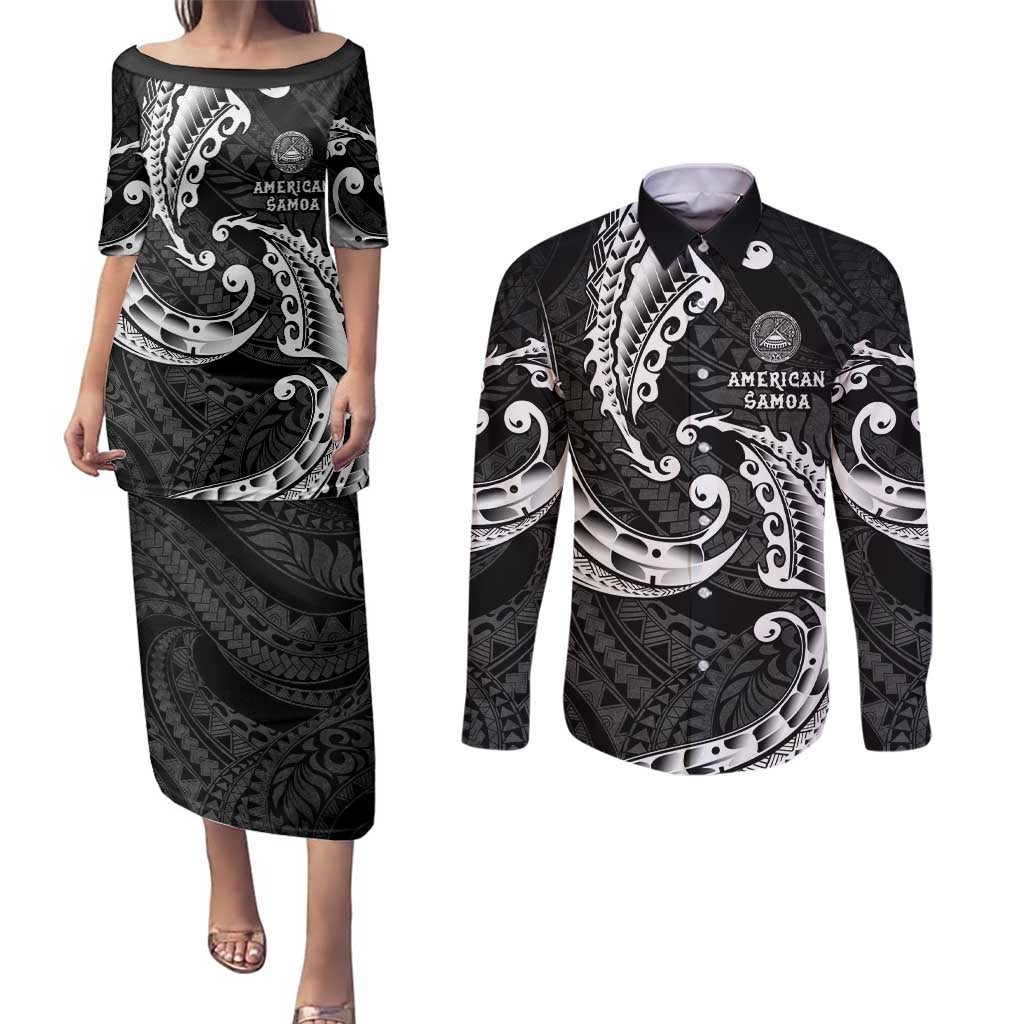AAPI Heritage Month Couples Matching Puletasi and Long Sleeve Button Shirt American Samoa Polynesian Tribal Wave