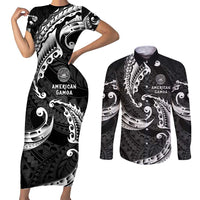 AAPI Heritage Month Couples Matching Short Sleeve Bodycon Dress and Long Sleeve Button Shirt American Samoa Polynesian Tribal Wave