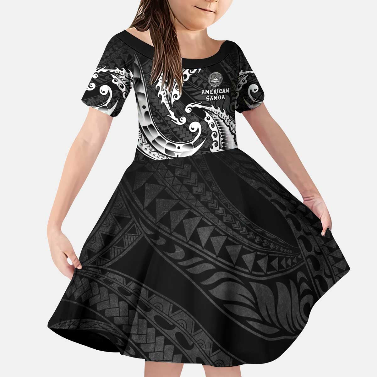 AAPI Heritage Month Kid Short Sleeve Dress American Samoa Polynesian Tribal Wave