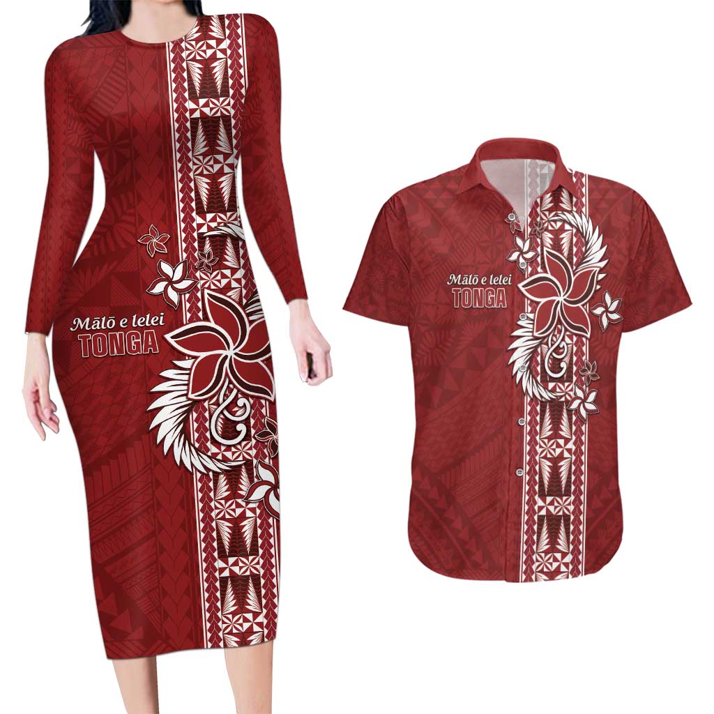 Tonga Language Week Couples Matching Long Sleeve Bodycon Dress and Hawaiian Shirt Malo e Lelei Kupesi Ngatu Pattern