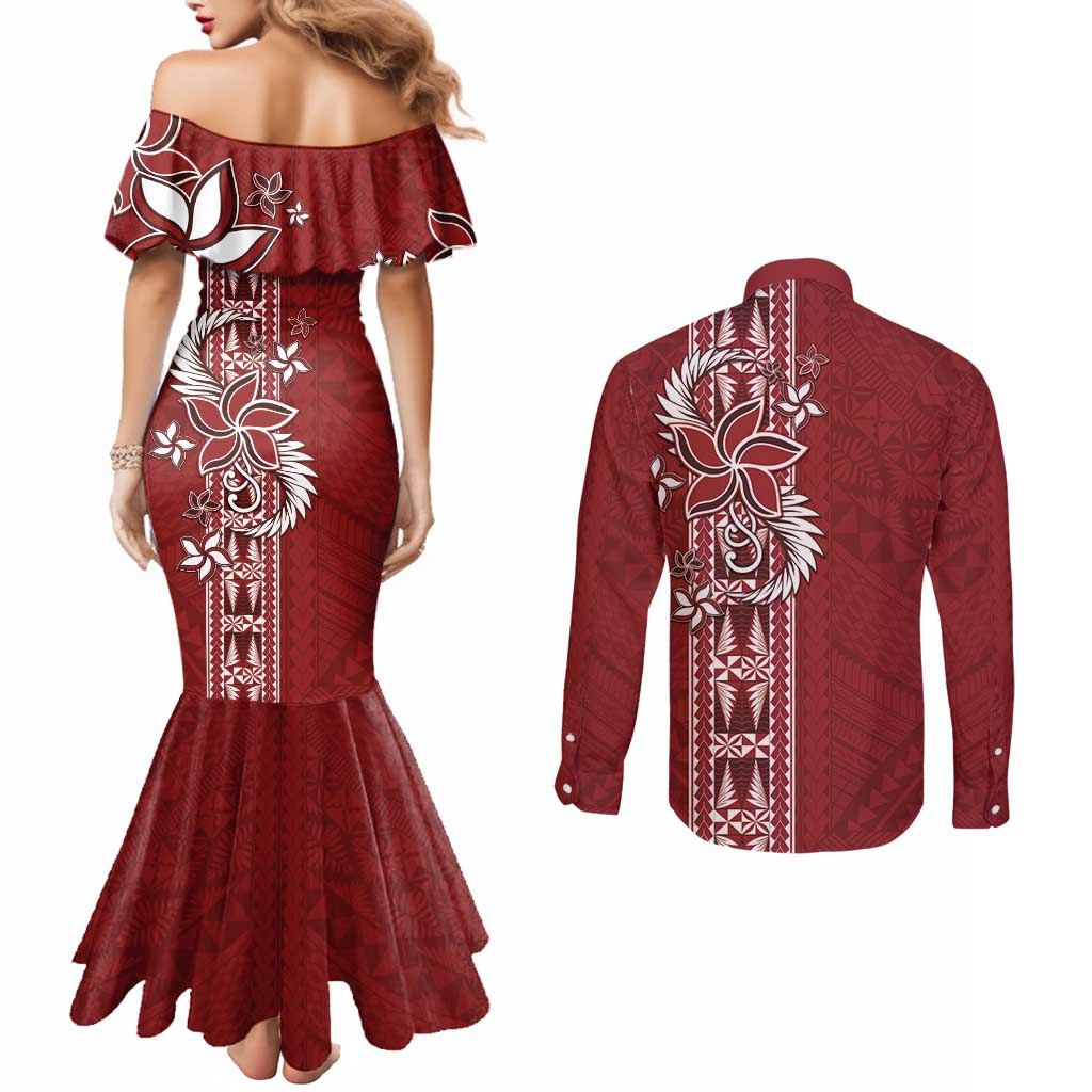 Tonga Language Week Couples Matching Mermaid Dress and Long Sleeve Button Shirt Malo e Lelei Kupesi Ngatu Pattern