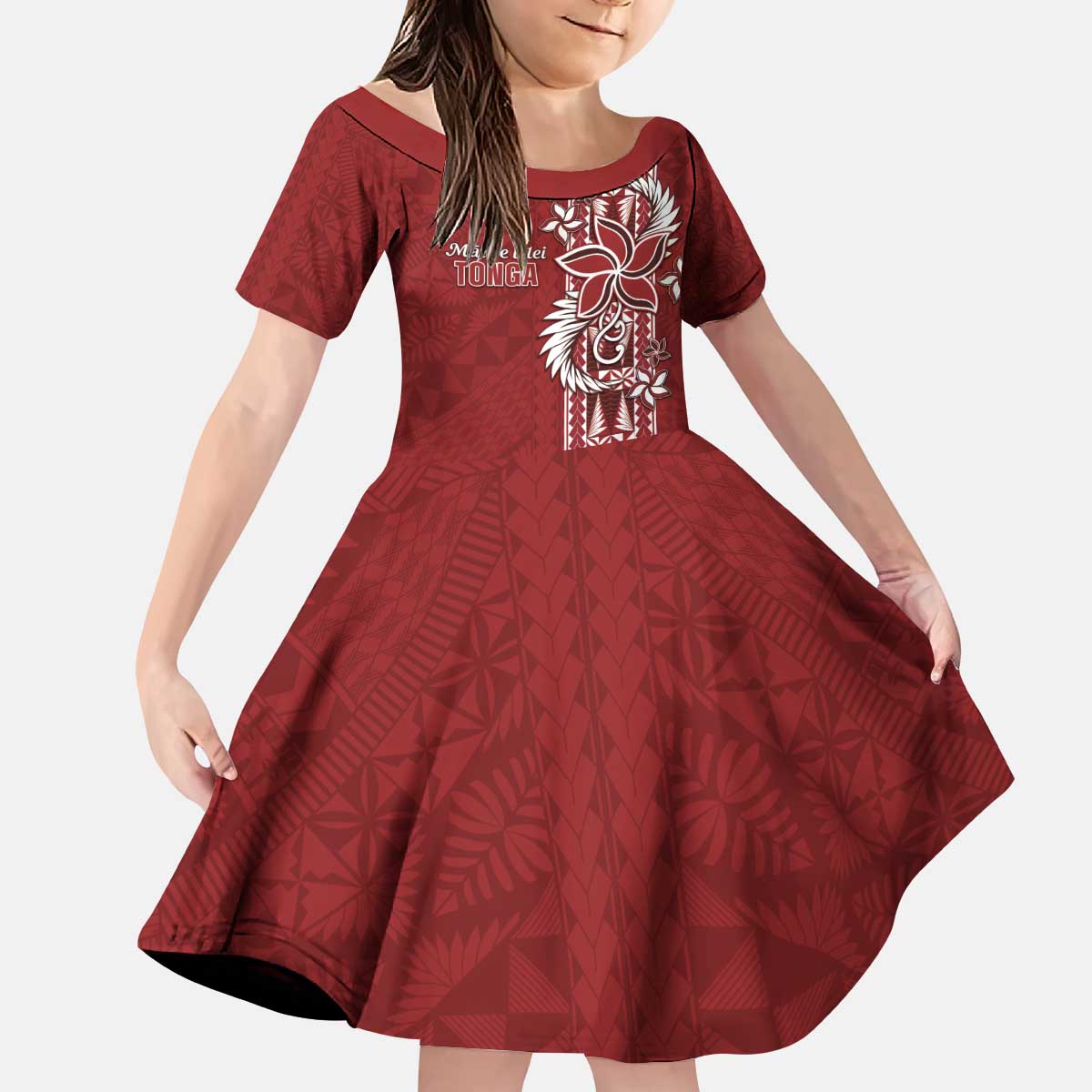 Tonga Language Week Kid Short Sleeve Dress Malo e Lelei Kupesi Ngatu Pattern LT05 KID Red - Polynesian Pride