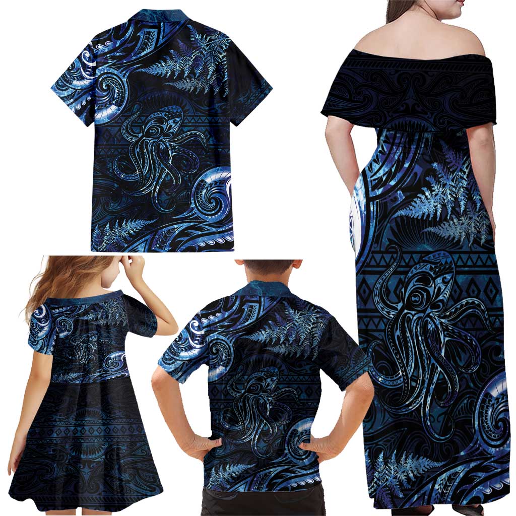 Aotearoa New Zealand Octopus Family Matching Off Shoulder Maxi Dress and Hawaiian Shirt Silver Fern Maori Pattern