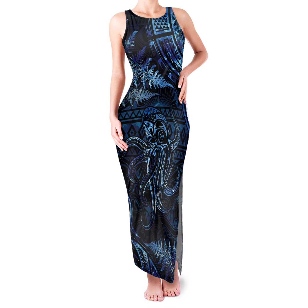 Aotearoa New Zealand Octopus Family Matching Tank Maxi Dress and Hawaiian Shirt Silver Fern Maori Pattern