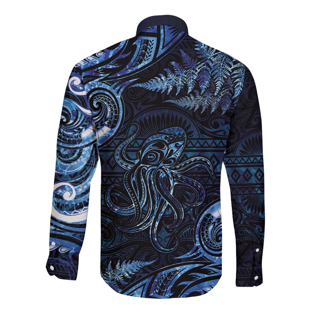Aotearoa New Zealand Octopus Long Sleeve Button Shirt Silver Fern Maori Pattern LT05 - Polynesian Pride