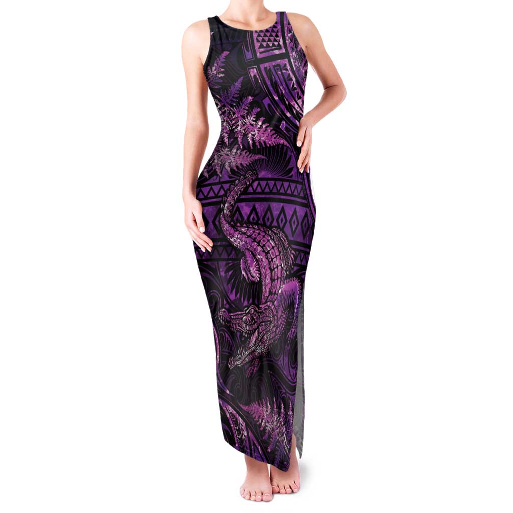 Aotearoa New Zealand Crocodile Family Matching Tank Maxi Dress and Hawaiian Shirt Silver Fern Maori Pattern