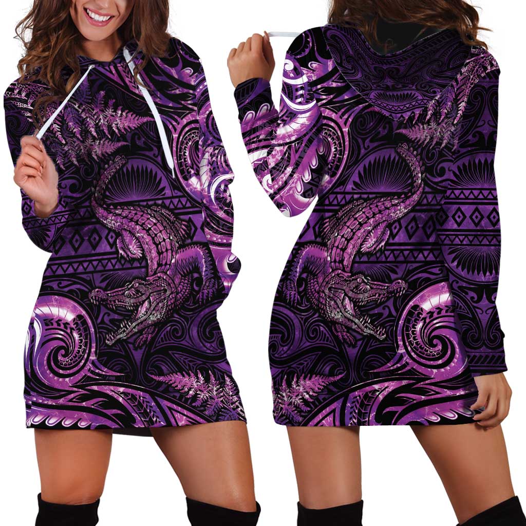 Aotearoa New Zealand Crocodile Hoodie Dress Silver Fern Maori Pattern