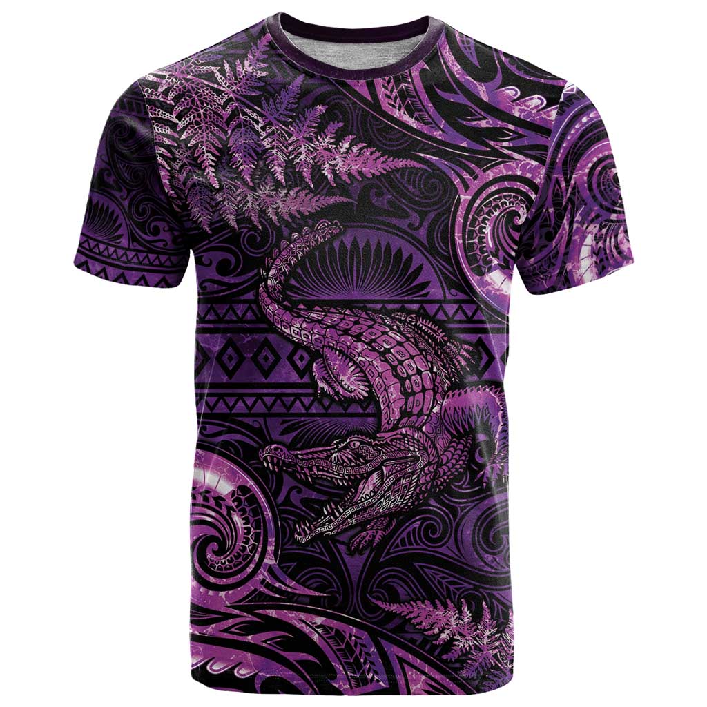 Aotearoa New Zealand Crocodile T Shirt Silver Fern Maori Pattern LT05 Purple - Polynesian Pride