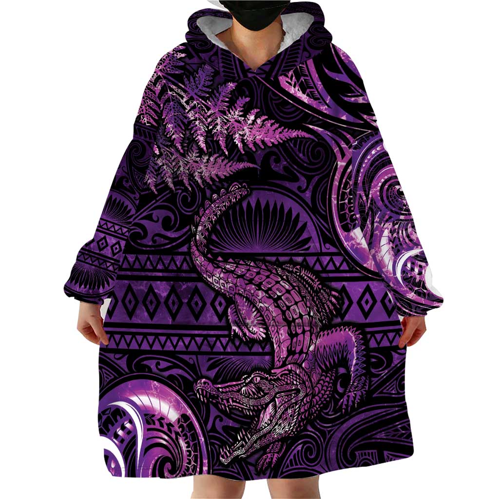 Aotearoa New Zealand Crocodile Wearable Blanket Hoodie Silver Fern Maori Pattern
