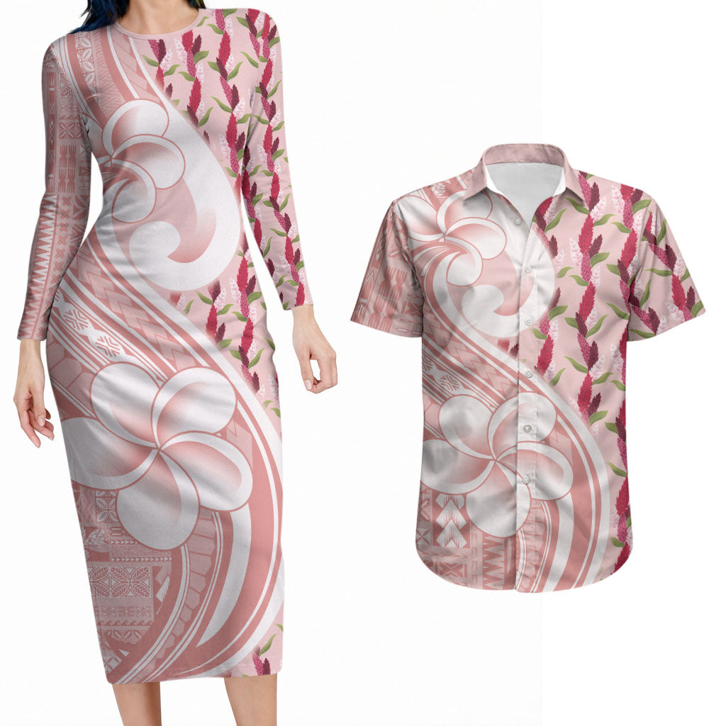 Samoa Teuila Couples Matching Long Sleeve Bodycon Dress and Hawaiian Shirt Pink Samoan Siapo Motifs LT05 Pink - Polynesian Pride