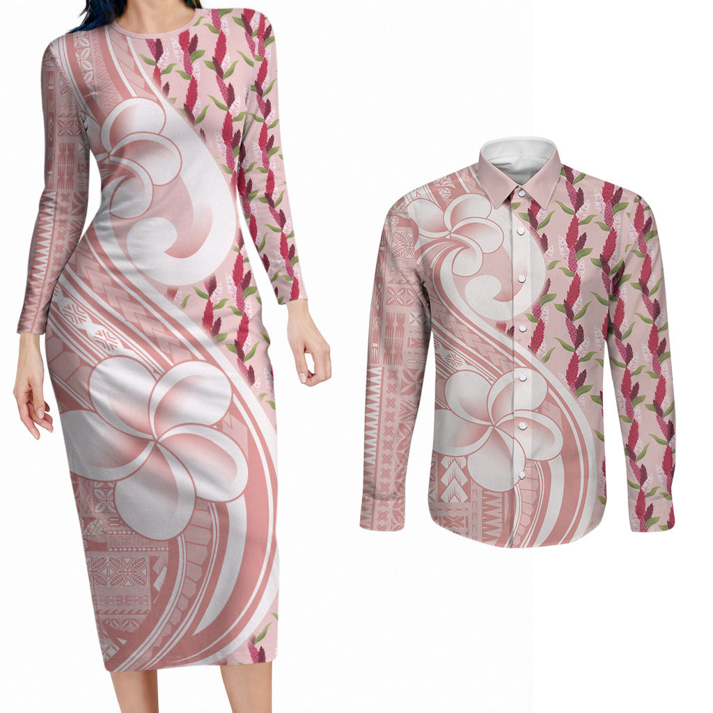 Samoa Teuila Couples Matching Long Sleeve Bodycon Dress and Long Sleeve Button Shirt Pink Samoan Siapo Motifs LT05 Pink - Polynesian Pride