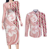 Samoa Teuila Couples Matching Long Sleeve Bodycon Dress and Long Sleeve Button Shirt Pink Samoan Siapo Motifs LT05 Pink - Polynesian Pride