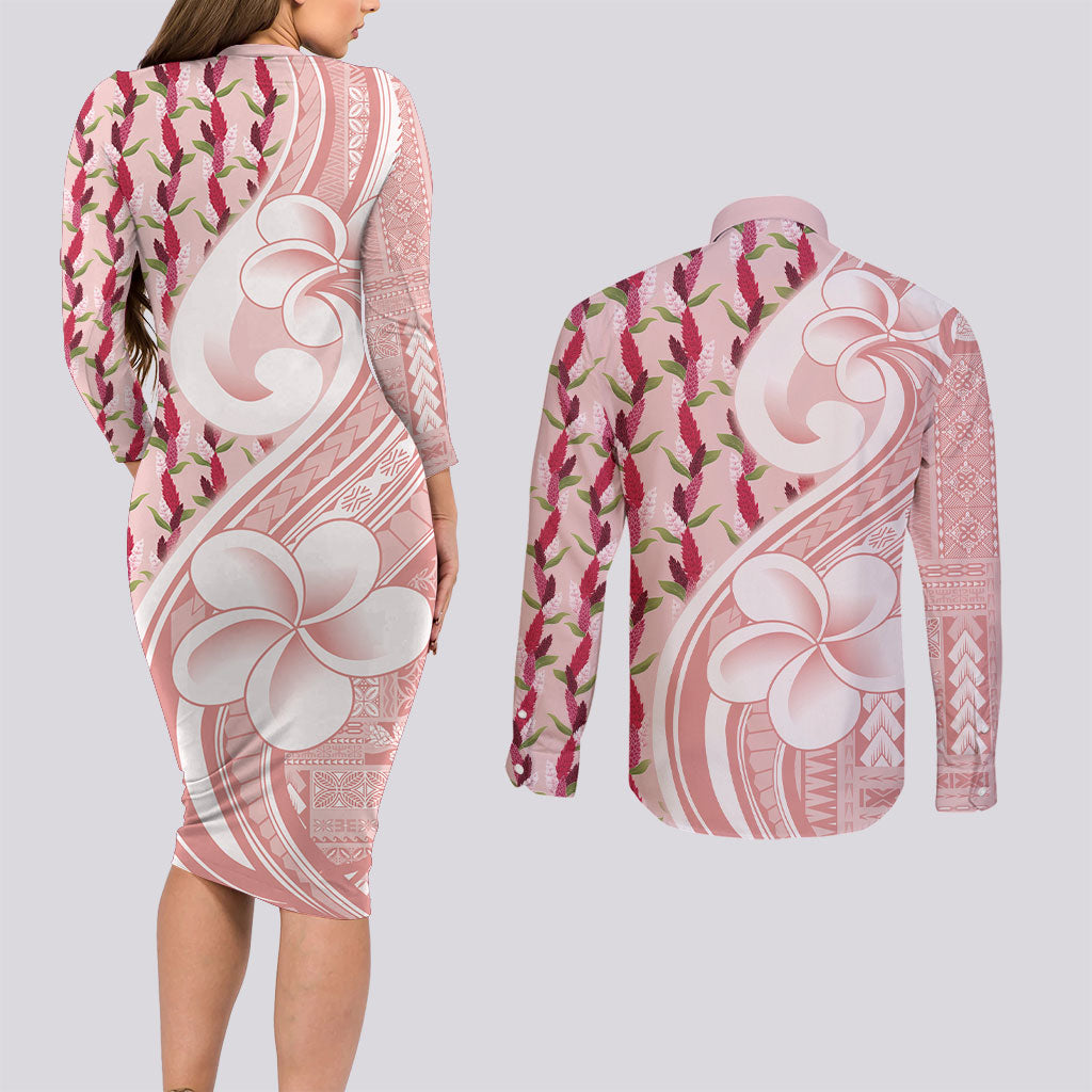 Samoa Teuila Couples Matching Long Sleeve Bodycon Dress and Long Sleeve Button Shirt Pink Samoan Siapo Motifs LT05 - Polynesian Pride