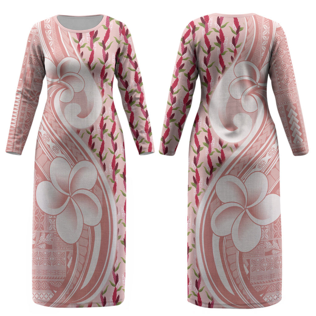 Samoa Teuila Couples Matching Long Sleeve Bodycon Dress and Long Sleeve Button Shirt Pink Samoan Siapo Motifs LT05 - Polynesian Pride
