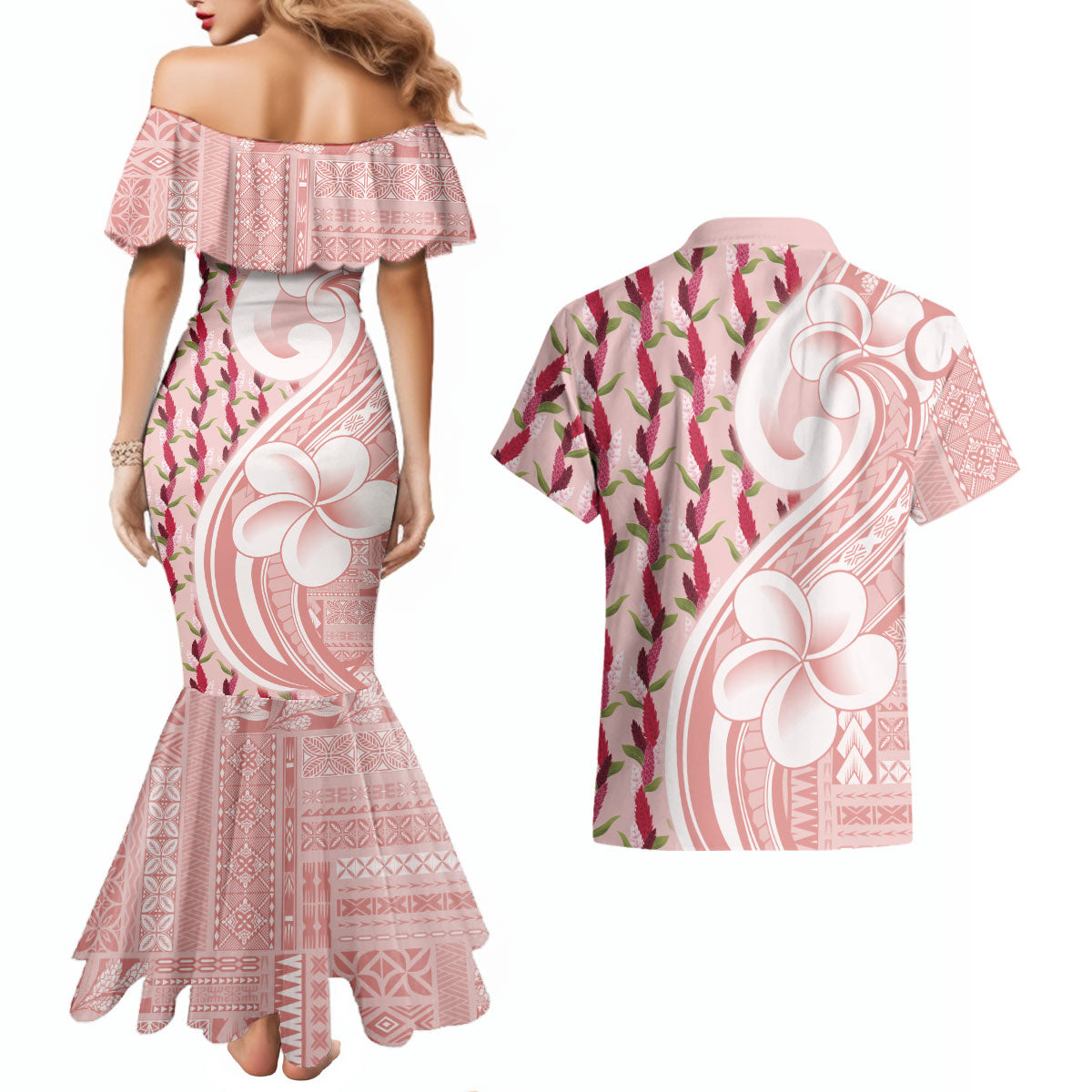 Samoa Teuila Couples Matching Mermaid Dress and Hawaiian Shirt Pink Samoan Siapo Motifs LT05 - Polynesian Pride