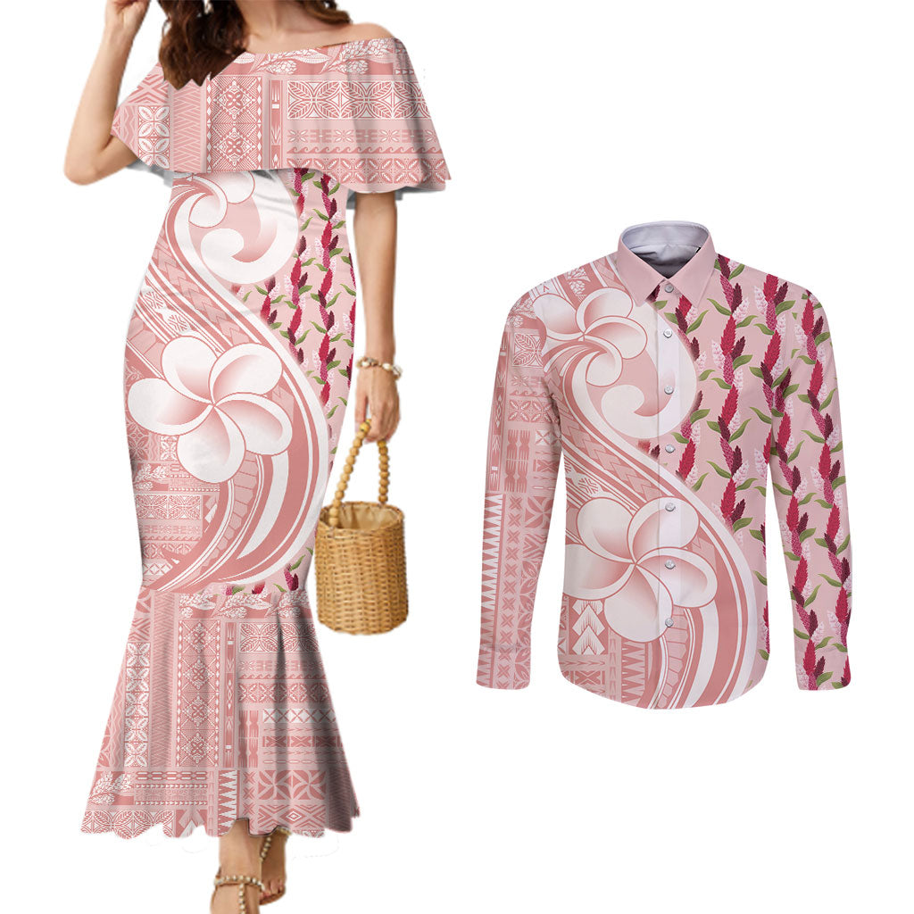 Samoa Teuila Couples Matching Mermaid Dress and Long Sleeve Button Shirt Pink Samoan Siapo Motifs LT05 Pink - Polynesian Pride
