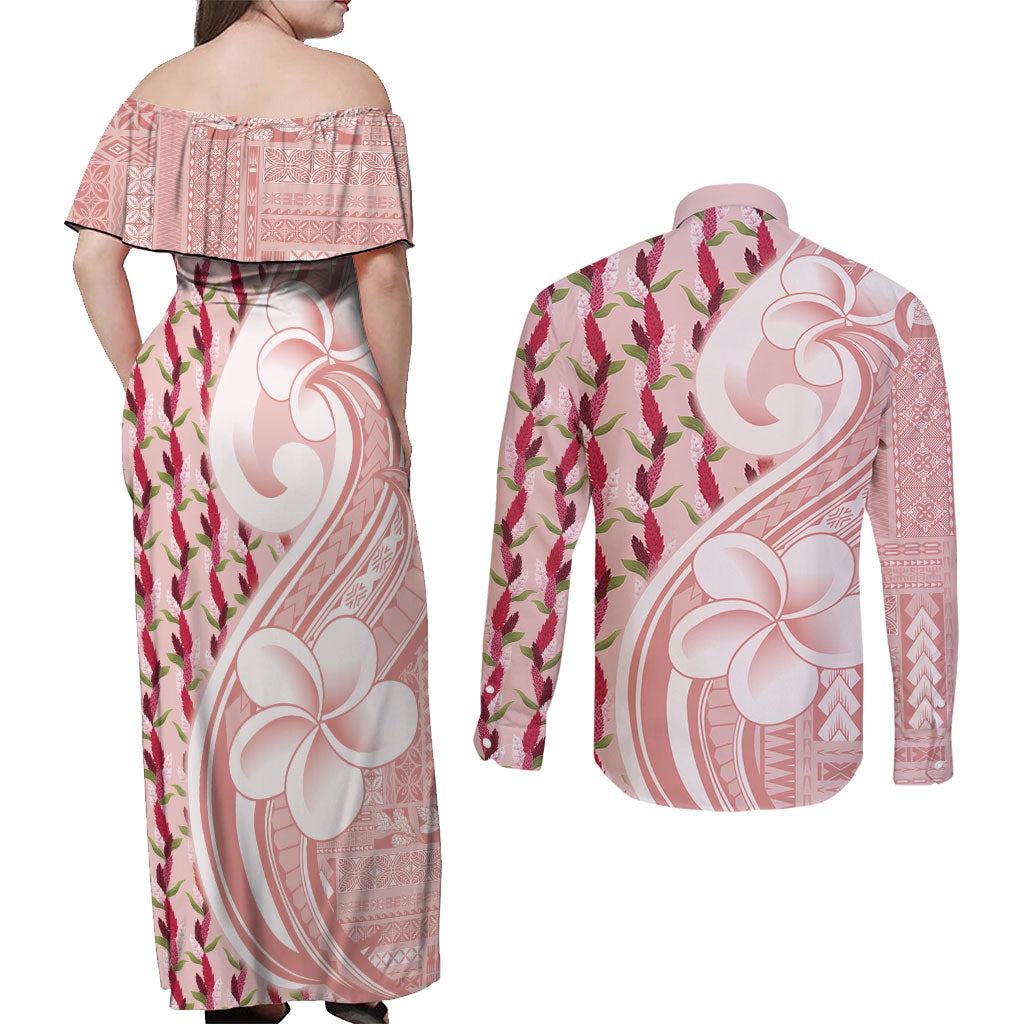 Samoa Teuila Couples Matching Off Shoulder Maxi Dress and Long Sleeve Button Shirt Pink Samoan Siapo Motifs LT05 - Polynesian Pride