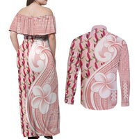 Samoa Teuila Couples Matching Off Shoulder Maxi Dress and Long Sleeve Button Shirt Pink Samoan Siapo Motifs LT05 - Polynesian Pride