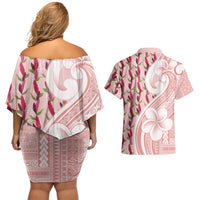 Samoa Teuila Couples Matching Off Shoulder Short Dress and Hawaiian Shirt Pink Samoan Siapo Motifs LT05 - Polynesian Pride