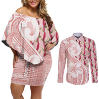 Samoa Teuila Couples Matching Off Shoulder Short Dress and Long Sleeve Button Shirt Pink Samoan Siapo Motifs LT05 Pink - Polynesian Pride