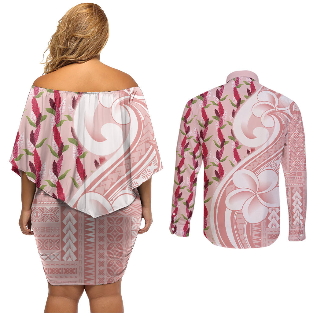 Samoa Teuila Couples Matching Off Shoulder Short Dress and Long Sleeve Button Shirt Pink Samoan Siapo Motifs LT05 - Polynesian Pride