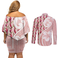 Samoa Teuila Couples Matching Off Shoulder Short Dress and Long Sleeve Button Shirt Pink Samoan Siapo Motifs LT05 - Polynesian Pride