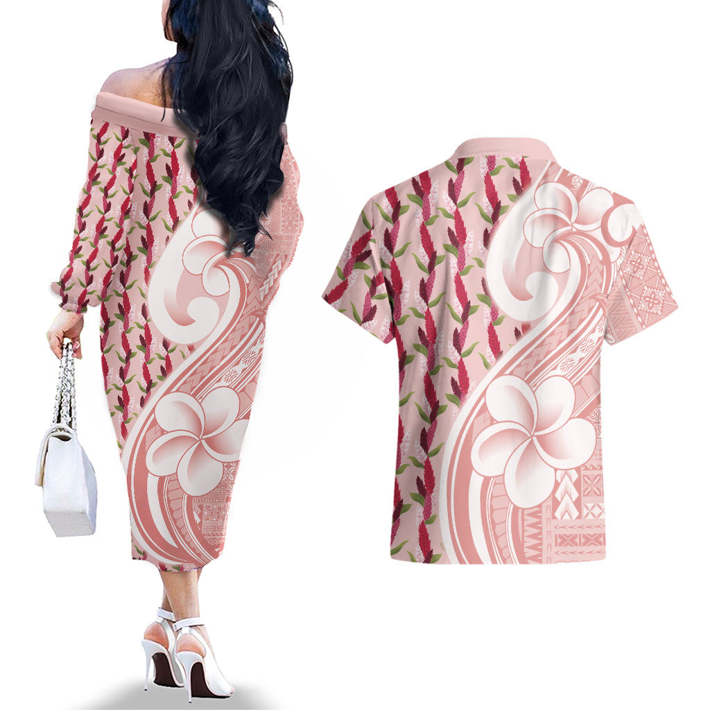 Samoa Teuila Couples Matching Off The Shoulder Long Sleeve Dress and Hawaiian Shirt Pink Samoan Siapo Motifs LT05 - Polynesian Pride