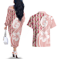 Samoa Teuila Couples Matching Off The Shoulder Long Sleeve Dress and Hawaiian Shirt Pink Samoan Siapo Motifs LT05 - Polynesian Pride