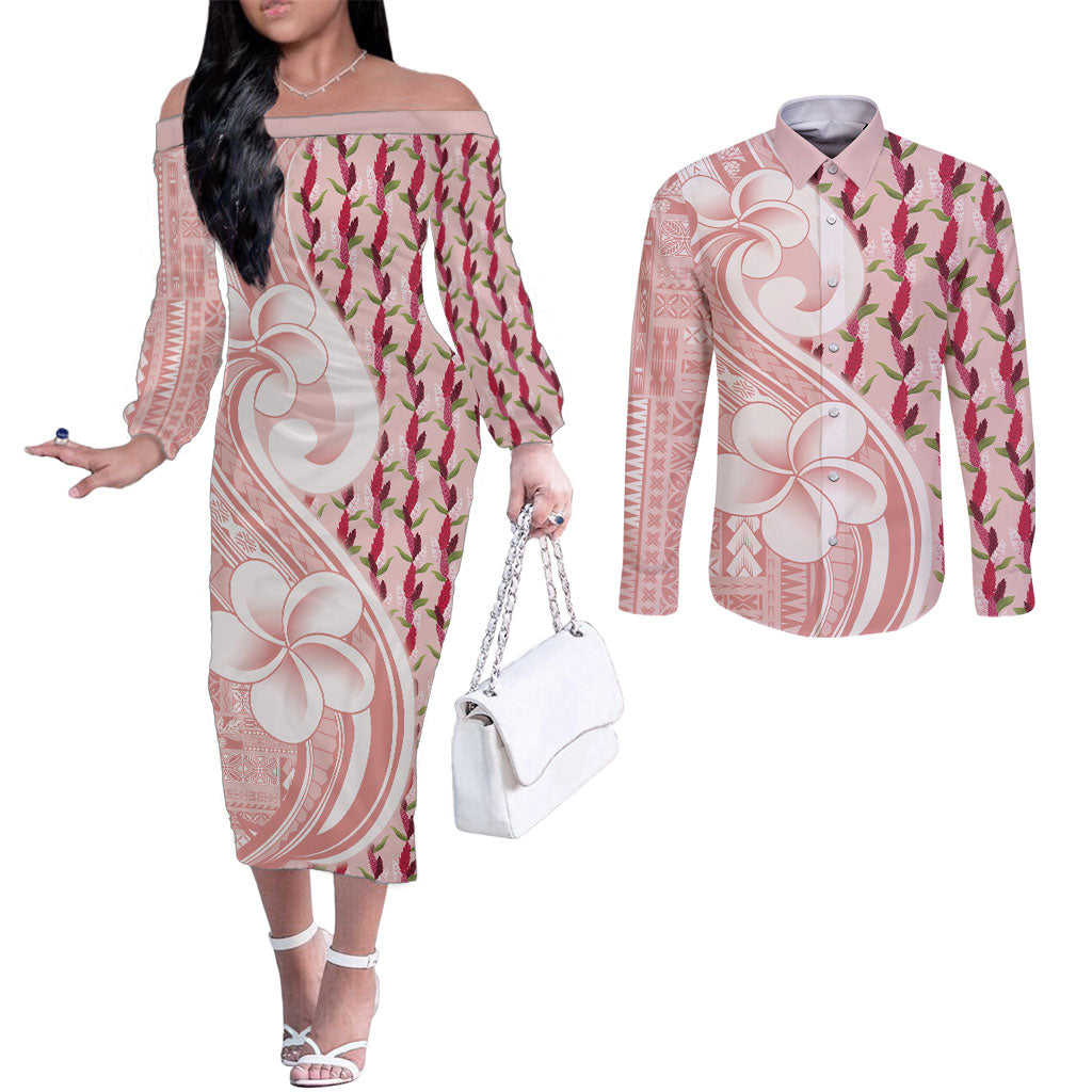 Samoa Teuila Couples Matching Off The Shoulder Long Sleeve Dress and Long Sleeve Button Shirt Pink Samoan Siapo Motifs LT05 Pink - Polynesian Pride
