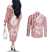 Samoa Teuila Couples Matching Off The Shoulder Long Sleeve Dress and Long Sleeve Button Shirt Pink Samoan Siapo Motifs LT05 - Polynesian Pride