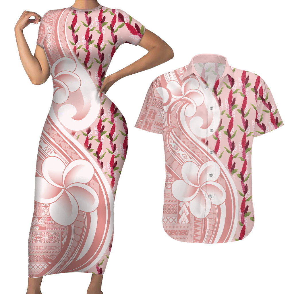 Samoa Teuila Couples Matching Short Sleeve Bodycon Dress and Hawaiian Shirt Pink Samoan Siapo Motifs LT05 Pink - Polynesian Pride