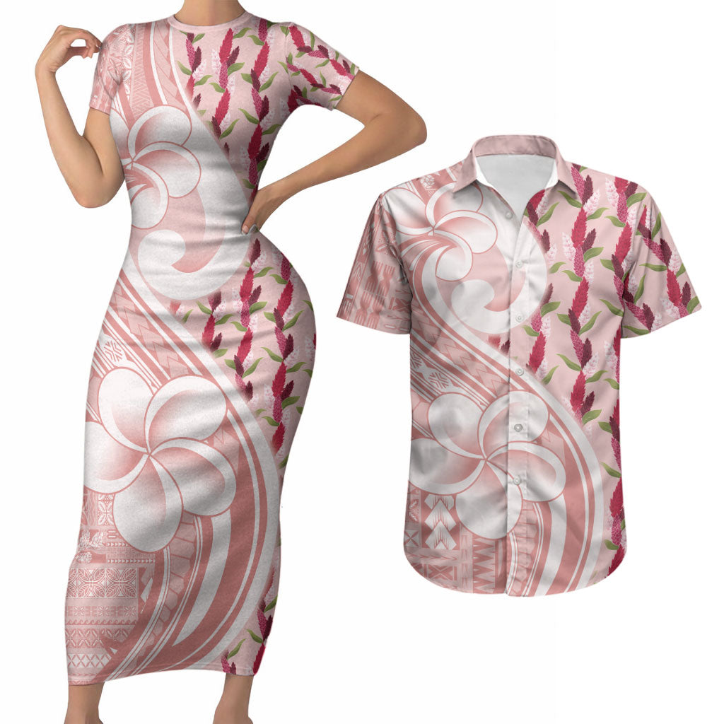 Samoa Teuila Couples Matching Short Sleeve Bodycon Dress and Hawaiian Shirt Pink Samoan Siapo Motifs LT05 Pink - Polynesian Pride