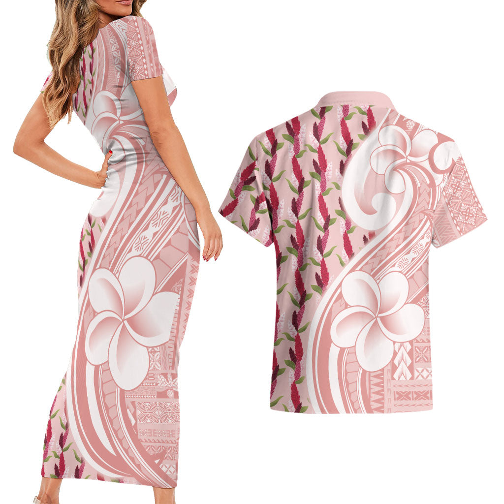 Samoa Teuila Couples Matching Short Sleeve Bodycon Dress and Hawaiian Shirt Pink Samoan Siapo Motifs LT05 - Polynesian Pride