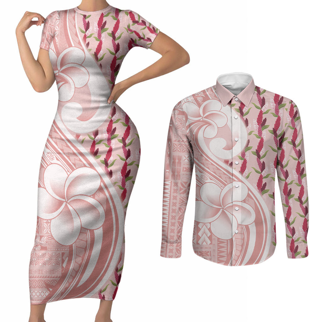Samoa Teuila Couples Matching Short Sleeve Bodycon Dress and Long Sleeve Button Shirt Pink Samoan Siapo Motifs LT05 Pink - Polynesian Pride