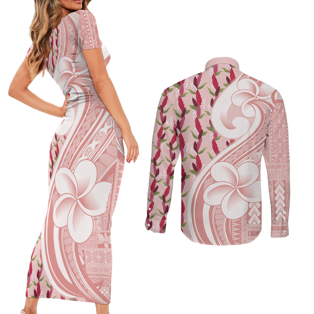 Samoa Teuila Couples Matching Short Sleeve Bodycon Dress and Long Sleeve Button Shirt Pink Samoan Siapo Motifs LT05 - Polynesian Pride
