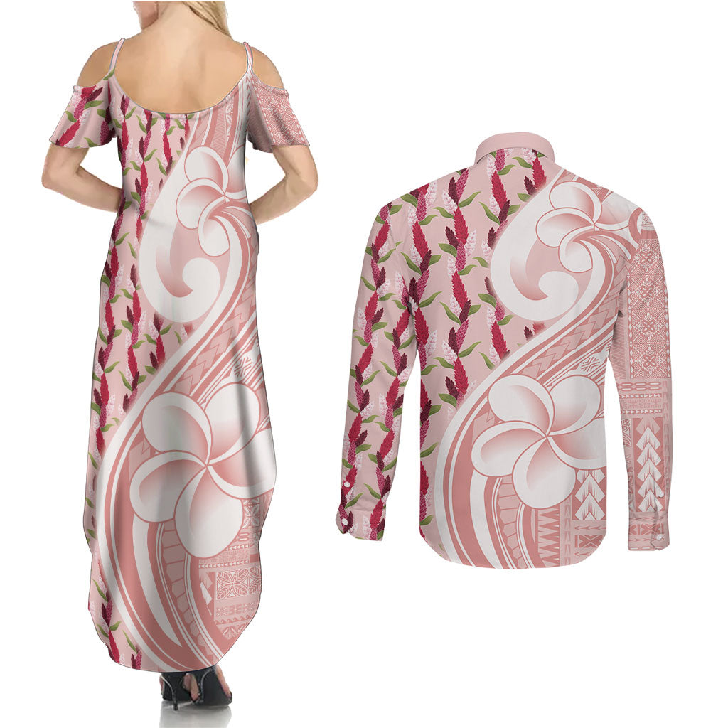 Samoa Teuila Couples Matching Summer Maxi Dress and Long Sleeve Button Shirt Pink Samoan Siapo Motifs LT05 - Polynesian Pride