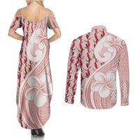Samoa Teuila Couples Matching Summer Maxi Dress and Long Sleeve Button Shirt Pink Samoan Siapo Motifs LT05 - Polynesian Pride
