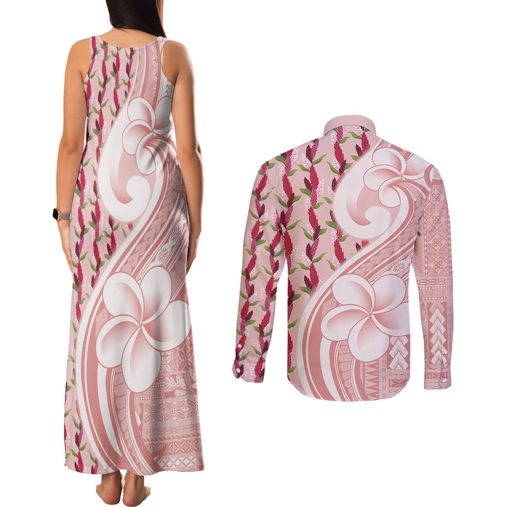 Samoa Teuila Couples Matching Tank Maxi Dress and Long Sleeve Button Shirt Pink Samoan Siapo Motifs LT05 - Polynesian Pride