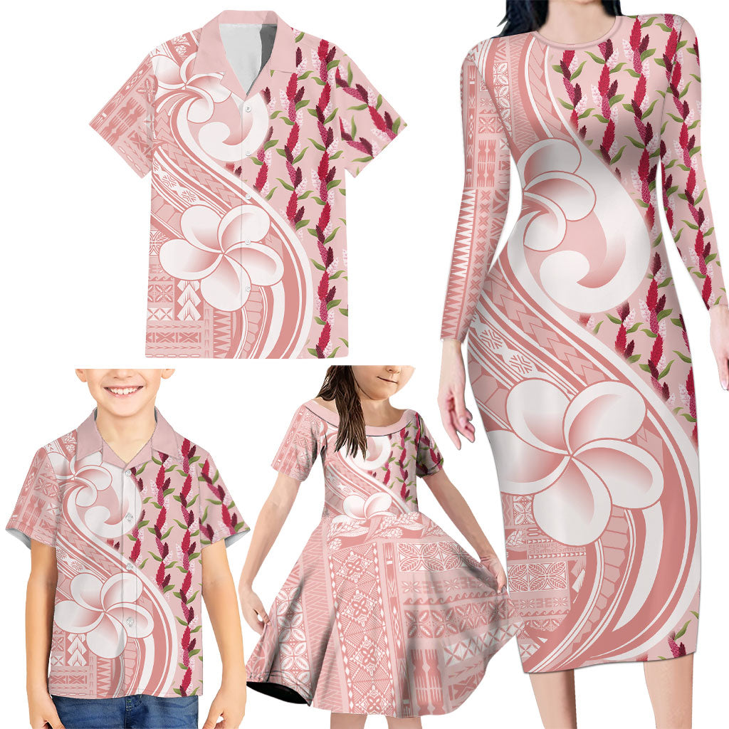 Samoa Teuila Family Matching Long Sleeve Bodycon Dress and Hawaiian Shirt Pink Samoan Siapo Motifs LT05 - Polynesian Pride