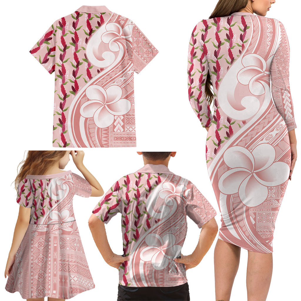 Samoa Teuila Family Matching Long Sleeve Bodycon Dress and Hawaiian Shirt Pink Samoan Siapo Motifs LT05 - Polynesian Pride