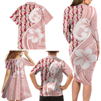 Samoa Teuila Family Matching Long Sleeve Bodycon Dress and Hawaiian Shirt Pink Samoan Siapo Motifs LT05 - Polynesian Pride