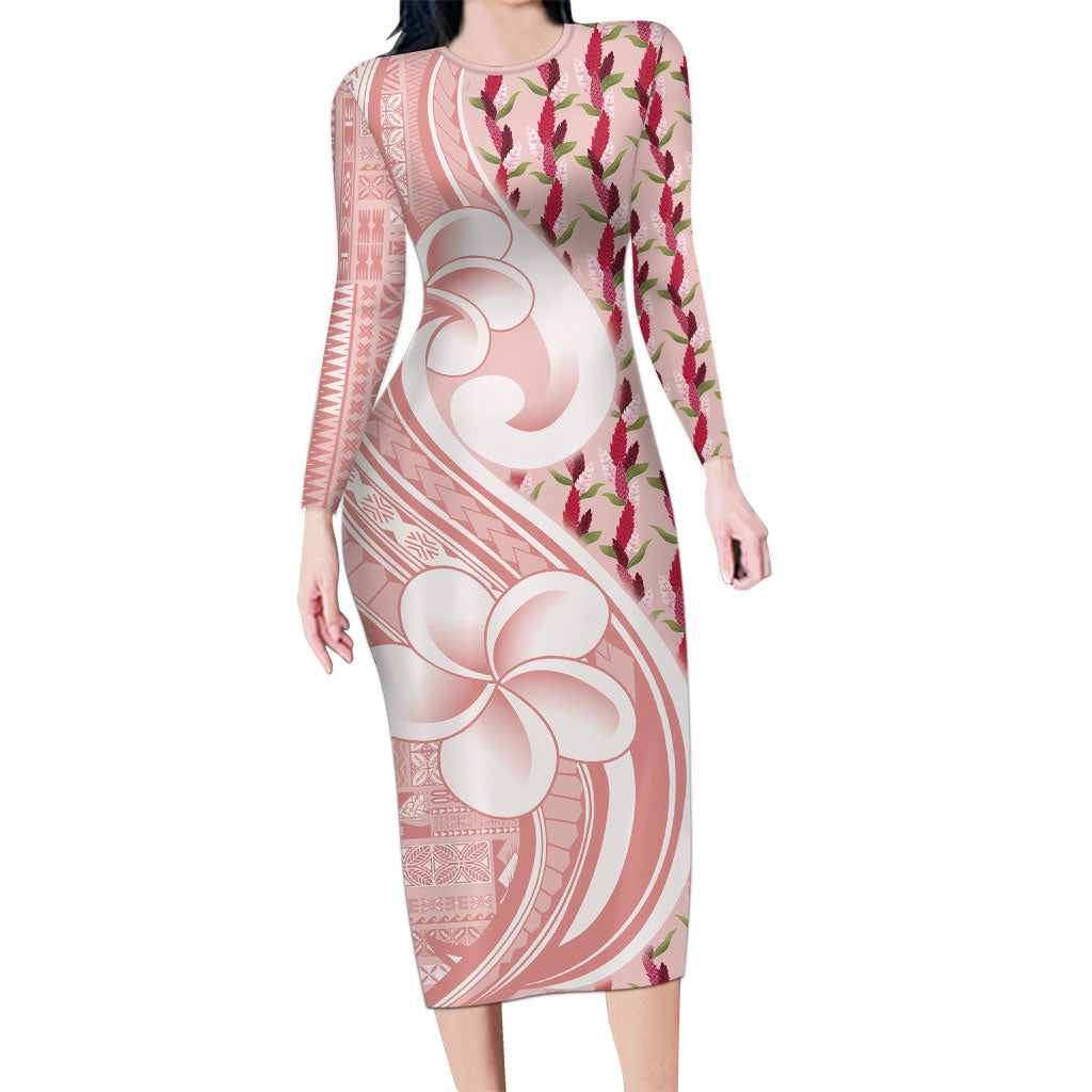 Samoa Teuila Family Matching Long Sleeve Bodycon Dress and Hawaiian Shirt Pink Samoan Siapo Motifs LT05 Mom's Dress Pink - Polynesian Pride
