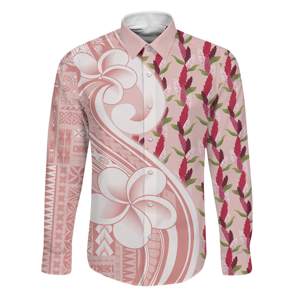 Samoa Teuila Family Matching Mermaid Dress and Hawaiian Shirt Pink Samoan Siapo Motifs LT05 Dad's Shirt - Long Sleeve Pink - Polynesian Pride