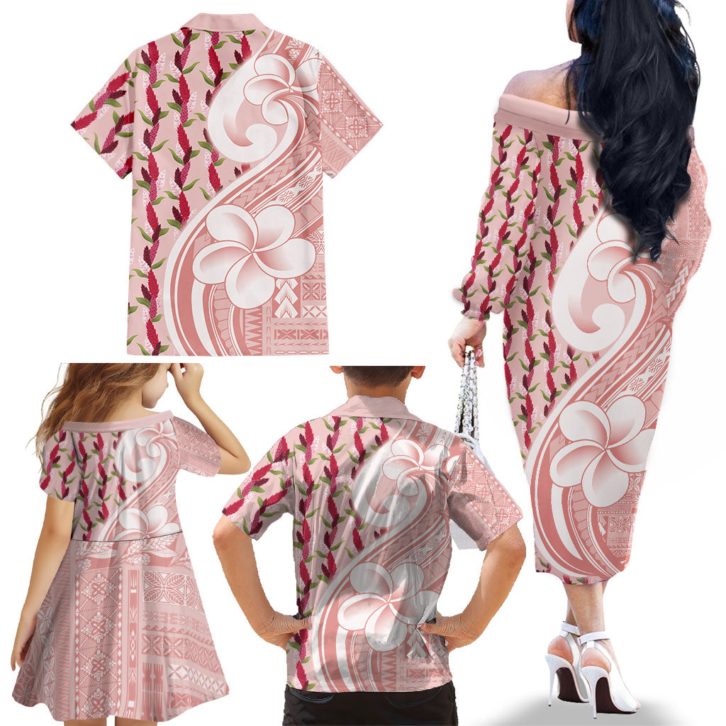 Samoa Teuila Family Matching Off The Shoulder Long Sleeve Dress and Hawaiian Shirt Pink Samoan Siapo Motifs LT05 - Polynesian Pride